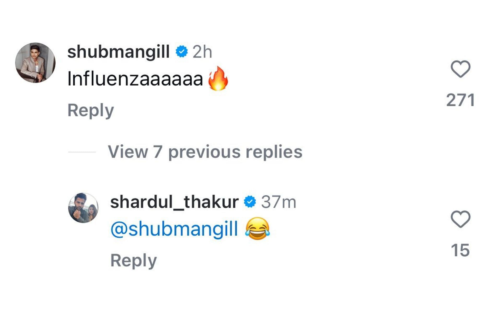 Screenshot of Shubman Gill and Shardul Thakur's comments on Washington Sundar's post.